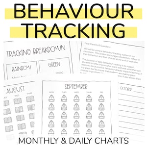 以下が含まれることがあります： 生徒向けの白黒の印刷可能な行動追跡チャート。チャートには、週の各曜日ごとに毎日セクションのある月間カレンダーが含まれています。チャートは「8月」、「9月」、「10月」とラベル付けされています。