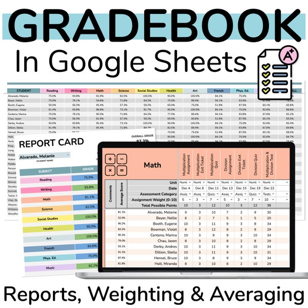 Google Sheets Gradebook - Eine digitale Notenbuchvorlage für Lehrer mit automatischen Mittelwerten, Gewichtung von Aufgaben und Schülerberichten