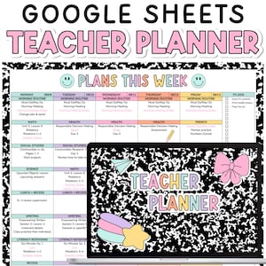 May include: A digital Google Sheets teacher planner template featuring a black and white composition notebook pattern. The layout includes a weekly schedule grid with columns for Monday through Friday, a to-do list, and a laptop screen overlay.