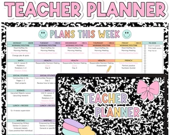 May include: A digital Google Sheets teacher planner template featuring a black and white composition notebook pattern. The layout includes a weekly schedule grid with columns for Monday through Friday, a to-do list, and a laptop screen overlay.