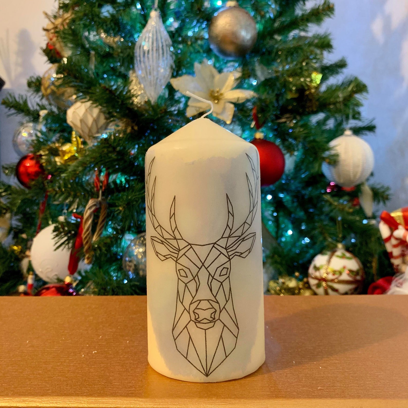 Christmas Pillar Candle Handdecorated With Contemporary Deer Etsy Sweden