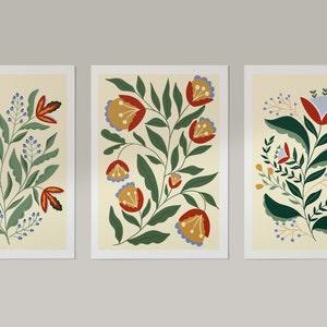 Set of 3 Scandinavian Floral Art Prints, Folk Art Hygge Print Set