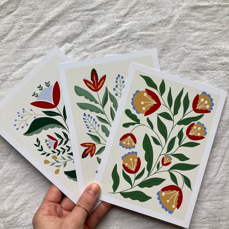 Set of 3 Scandinavian Floral Art Prints, Folk Art Hygge Print Set - Etsy