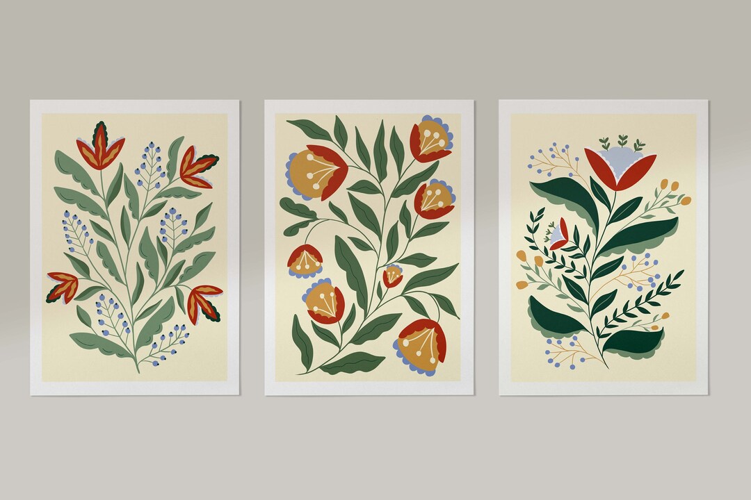Set of 3 Scandinavian Floral Art Prints, Folk Art Hygge Print Set - Etsy