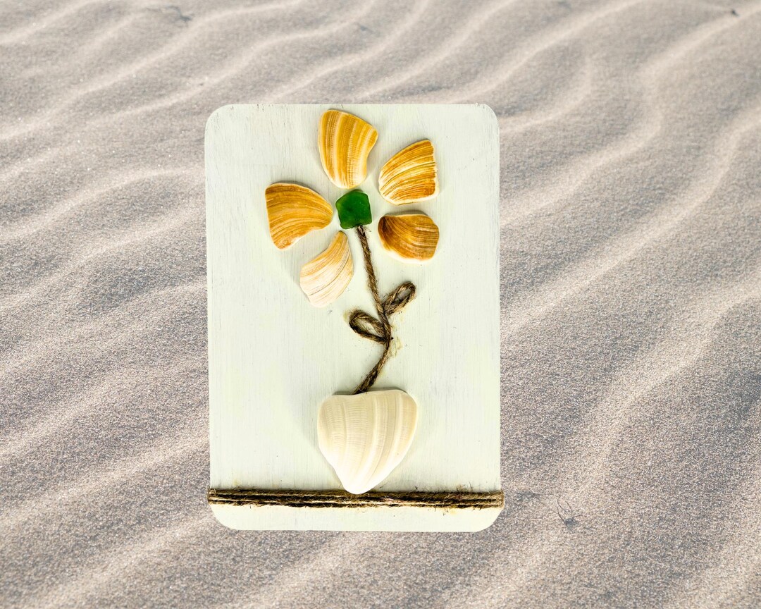 Rustic Sea Glass & Shell Daisy Art on White Bamboo Board – Coastal Wall ...