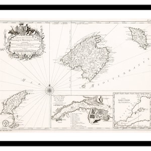 Alte Landkarte von Mallorca Menorca Spanien Europa 1740 - Kunstdruck - Vintage Poster - Antik altes Bild - Retro Wand Kunst Dekor - S - XXL MES015