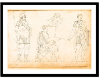 May include: A black and white line drawing of three Roman soldiers. One soldier is standing with a spear, another is seated on a stool, and the third is standing with a flag. The drawing is labeled "Roman Officers".