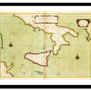 Alte Karte von Sizilien Italien 1702 - Nautisches Meer Art Print - Vintage Poster - Antik altes Bild - Retro Wand Kunst Dekor - S - XXL MSM003
