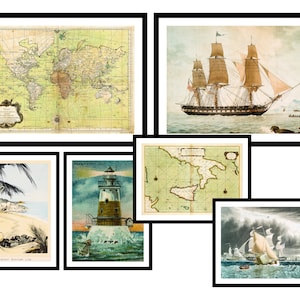 Ensemble cadeau de 6 - carte de la mer nautique, voilier - tirages d'art vintage - affiche ancienne - tableau ancien - oeuvre d'art murale rétro tendance (S6-NS)
