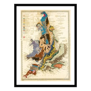 Geologische alte Karte von England und Wales 1843 - Kunstdruck - Vintage Poster - Antik altes Bild - Retro Wandkunst Dekor - S - XXL MUK042
