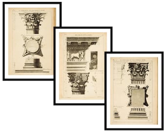 Gift Set of 3 - Roman Architecture Drawing Ancient Rome - Vintage Art Prints - Antique Poster - Old Picture - Trendy Retro Wall Art (S3-AR)