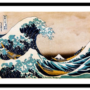 May include: A woodblock print of a large wave crashing over three boats with Mount Fuji in the background. The wave is blue, green, and white, and the boats are yellow. The background is a light brown color.