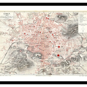 Alte Landkarte von Athen Griechenland Europa 1884 - Kunstdruck - Vintage Poster - Antik altes Bild - Retro Wandkunst Dekor - S - XXL MGR005