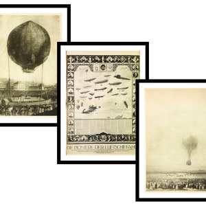 Juego de regalo de 3 - Globo aerostático de aviación Dirigible Zeppelin - Impresiones de arte vintage - Póster antiguo - Imagen antigua - Arte de pared retro de moda (S3-AV)