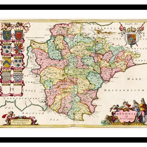 Alte Karte von Devon England UK 1665 - Kunstdruck - Vintage Poster - Antik altes Bild - Retro Wandkunst Dekor - S - XXL MUK097