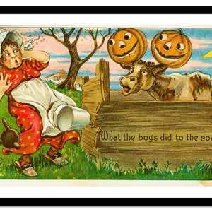 ハロウィンの牛 1908年 アンティークアートプリント - 子供向け絵本 農場の動物イラスト - イギリスのコテージ風農家の壁飾り AKI019
