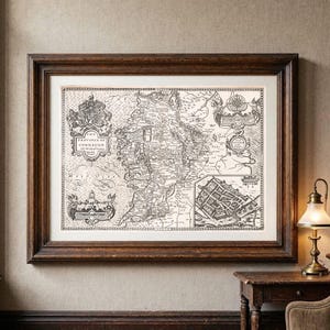 Könnte beinhalten: Eine gerahmte Karte im antiken Stil mit dem Titel The Province of Connaugh with the Great Games, die detaillierte schwarze Kartografie, dekorative Wappen, eine Windrose und einen Stadtplan als Inset zeigt, eingefasst in einen dunklen Holzrahmen.