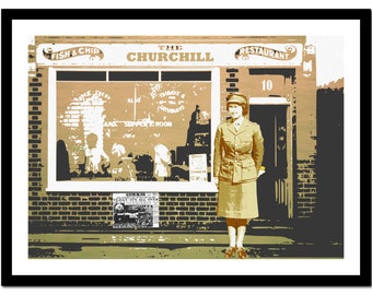 Queen Elizabeth II Art Print - Olive Green Vintage Style Artwork - Modern Abstract Picture Poster - Contemporary Wall Art Decor (A-CO 012)