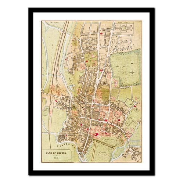 Old Map of Oxford England UK Europe 1875 - Art Print - Vintage Poster - Antique Old Picture - Retro Wall Art Decor - S - XXL (M-uk 029)
