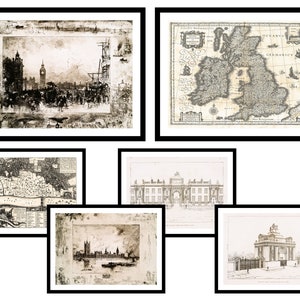 6er Geschenkset - London Architektur Skizze & England Karte - Vintage Kunstdrucke - Antikes Poster - Altes Bild - Trendige Retro Wandkunst (S6-DE)