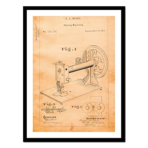 Könnte beinhalten: Eine Vintage-Patentzeichnung für eine Nähmaschine. Die Zeichnung zeigt eine detaillierte Illustration des Maschinenaufbaus, einschließlich Nadel, Spule und Fußpedal. Die Patentnummer lautet 125.774 und das Datum ist der 16. April 1872. Der Text "E.A. WEEKS. Sewing Machines." ist ebenfalls enthalten.
