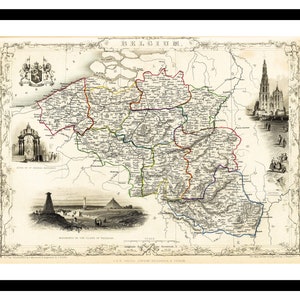 Stara mapa Belgii, Europa 1851 - Wydruk artystyczny - Plakat w stylu vintage - Stary antyczny obraz - Dekoracja ścienna w stylu retro - S - XXL MBE001
