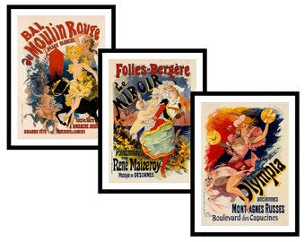 Gift Set of 3 - Moulin Rouge French Advertising Nouveau - Vintage Art Prints - Antique Poster - Old Picture - Trendy Retro Wall Art (S3-MR)