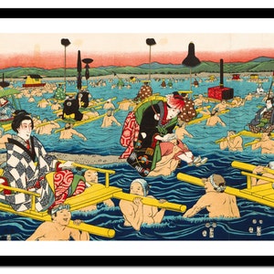 以下が含まれることがあります： 川で泳ぐ人々の様子を描いた日本の木版画。版画はカラフルで、伝統的な服装をした人々、泳いでいる人々、ボートに乗っている人々など、さまざまな人物が描かれている。版画は川と山を背景にしている。