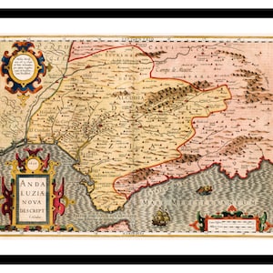 Ancienne carte de l'Andalousie Espagne Europe 1623 - impression d'art - affiche vintage - tableau ancien antique - art déco mural rétro - S - XXL MES007