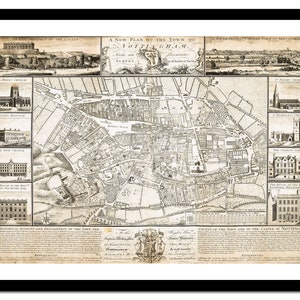 Mapa antiguo de Nottingham, Inglaterra, Reino Unido, Europa, 1744. Lámina artística. Póster vintage. Imagen antigua. Decoración de pared retro. Tallas S a XXL. MUK032
