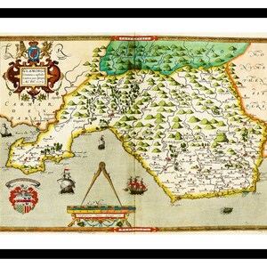 Stara mapa Glamorgan Wales UK 1576 - Wydruk artystyczny - Plakat vintage - Stary antyczny obraz - Dekoracja ścienna retro - S - XXL MUK087