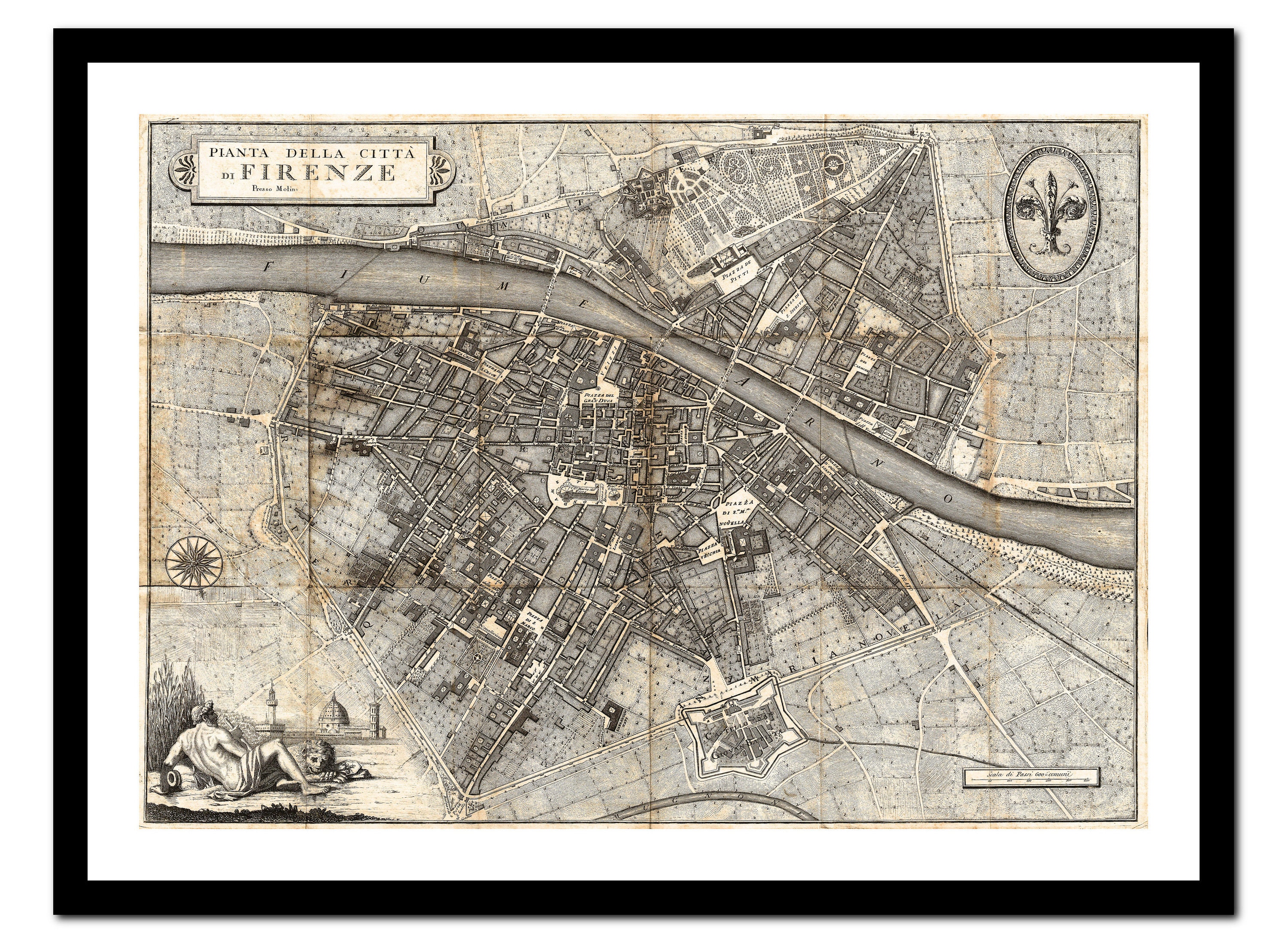 フィレンツェ（イタリア）1847年 - 古いアンティーク地図 - アート