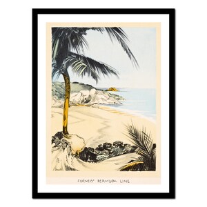 Könnte beinhalten: Ein Vintage-Reiseposter, das für die Furness Bermuda Line wirbt. Das Poster zeigt eine Palme an einem Sandstrand mit Blick auf das Meer und eine kleine Insel in der Ferne.