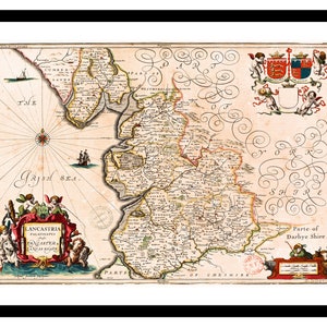 Alte Karte von Lancashire England UK 1646 - Kunstdruck - Vintage Poster - Antik altes Bild - Retro Wandkunst Dekor - S - XXL MUK077