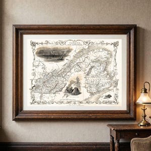 May include: A framed antique map of Canada and New Brunswick featuring intricate scrollwork borders, a detailed geographical layout, and small illustrative vignettes of ships, landscapes, and figures integrated into the cartographic design.