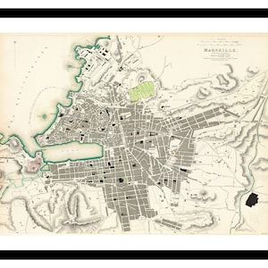Vieille carte de Marseille France Europe 1840 - impression d'art - affiche vintage - tableau ancien antique - art déco mural rétro - S - XXL MFR012