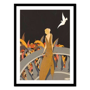 May include: A woman in a gold dress stands on a balcony, looking up at a white dove flying in a dark sky. The balcony is decorated with colourful flowers and leaves.