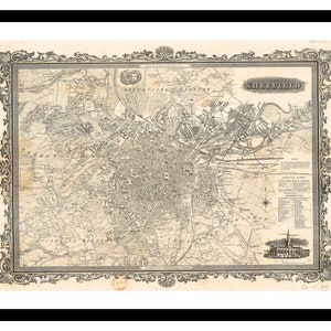 Oude kaart van Sheffield, Engeland, Verenigd Koninkrijk, 1873, kunstafdruk, vintage poster, antieke oude foto, retro kunst aan de muur decor, S-XXL MUK069
