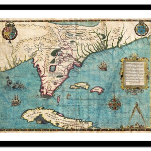 Alte Landkarte von Florida USA Nordamerika 1591 - Kunstdruck - Vintage Poster - Antik altes Bild - Retro Wandkunst Dekor - S - XXL MUS017