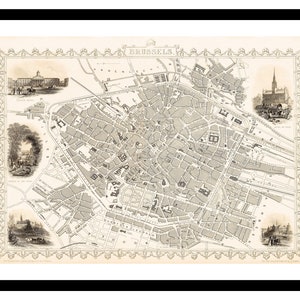 Ancienne carte de Bruxelles Belgique Europe 1851 - impression d'art - affiche vintage - tableau ancien antique - art déco mural rétro - S - XXL MBE003