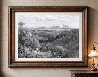 City View Edinburgh 1800 Antique Art Print - Architectural Cityscape Drawing - Black & White - Historical Scottish Wall Decor DAR031