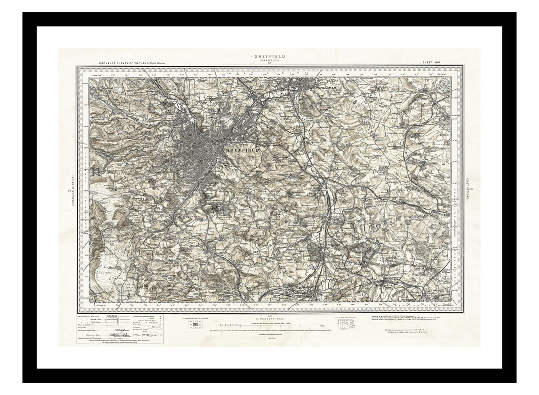 Old Map of Sheffield England UK 1909 Art Print Vintage Poster Antique Old Picture Retro Wall Art