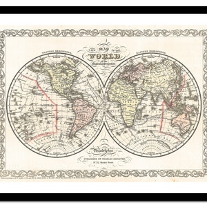 Mapa antiguo del mundo 1856 - Lámina artística - Póster vintage - Imagen antigua - Decoración de pared retro - S - XXL MWO003