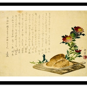 May include: A vintage Japanese woodblock print depicting a still life of three loaves of bread on a wooden cutting board with a knife. A sprig of pink and purple chrysanthemums is arranged on the right side of the image. The print is on a light beige background with Japanese text.