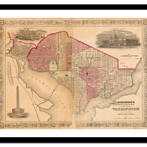 Ancienne carte de Washington, États-Unis d'Amérique du Nord 1865 - impression d'art - affiche vintage - tableau ancien antique - art déco mural rétro - S - XXL MUS005