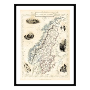 Ancienne carte de la Norvège, la Suède, l'Europe 1851 - impression d'art - affiche vintage - tableau ancien antique - art déco mural rétro - S - XXL MNO002