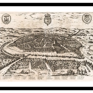 Ancienne carte de Séville, Espagne Europe 1588 - impression d'art - affiche vintage - tableau ancien antique - art déco mural rétro - S - XXL MES010