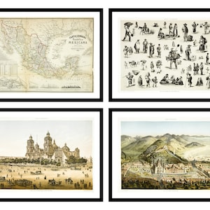 Geschenkset von 2 oder 4 - Mexiko Karte & Mexikanisches Stadtleben - Vintage Kunstdrucke - Antikes Poster - Altes Bild - Trendige Retro Wandkunst (S24-MX)