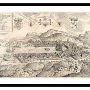 Alte Karte von Bergen Norwegen Europa 1588 - Kunstdruck - Vintage Poster - Antik altes Bild - Retro Wandkunst Dekor - S - XXL MNO003