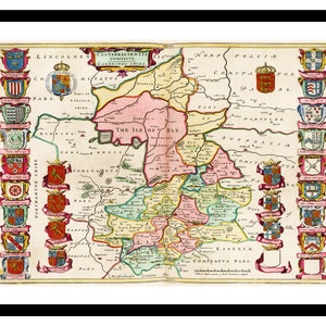 Alte Karte von Cambrileyshire England UK 1665 - Kunstdruck - Vintage Poster - Antik altes Bild - Retro Wand Kunst Dekor - S - XXL MUK086